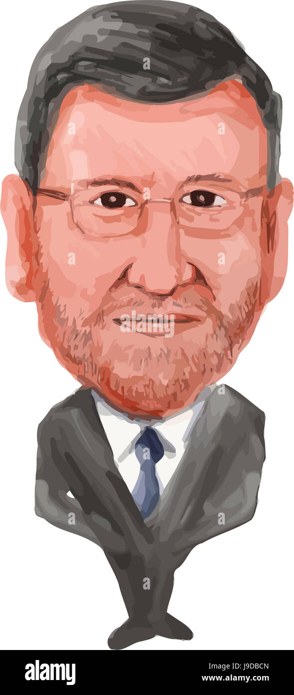 Water color caricature illustration of the acting Prime Minister of Spain, Mariano Rajoy Brey viewed from front done in cartoon style. Stock Photo