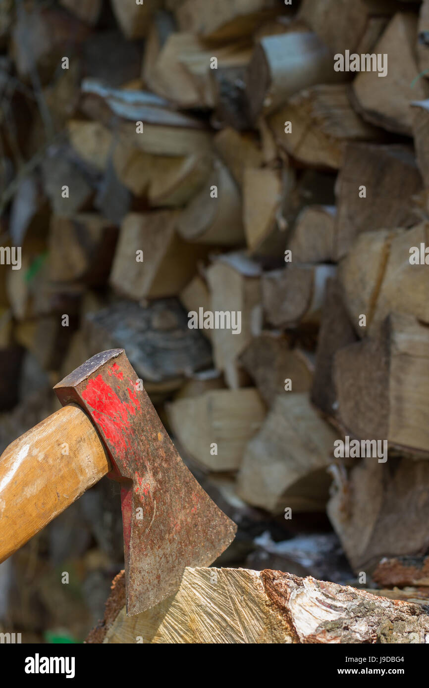 wood, stack, axe, firewood, piece of wood, strength, force, chop, environment, Stock Photo
