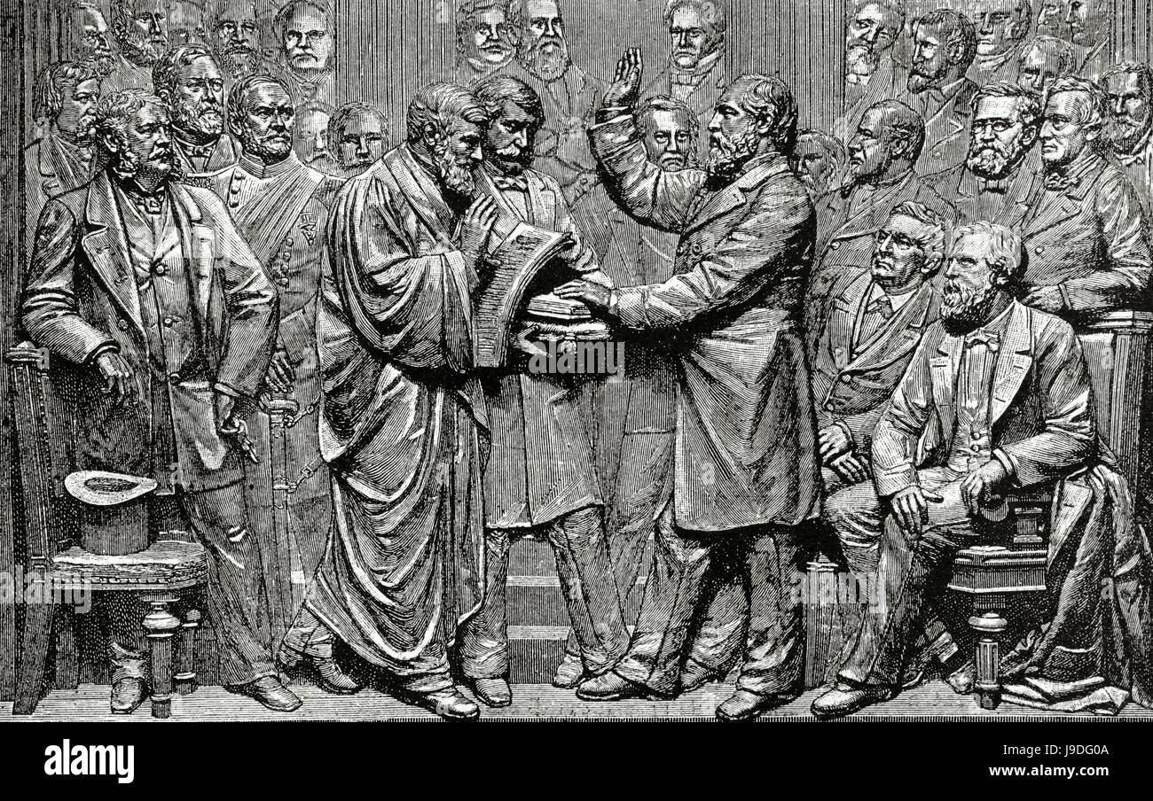 James Abram Garfield (1831-1881). 20th President of the United States, from March 4, 1881, until his assassination later that year. Garfield taking oath. Engraving. 'La Ilustracion', 1887. Stock Photo