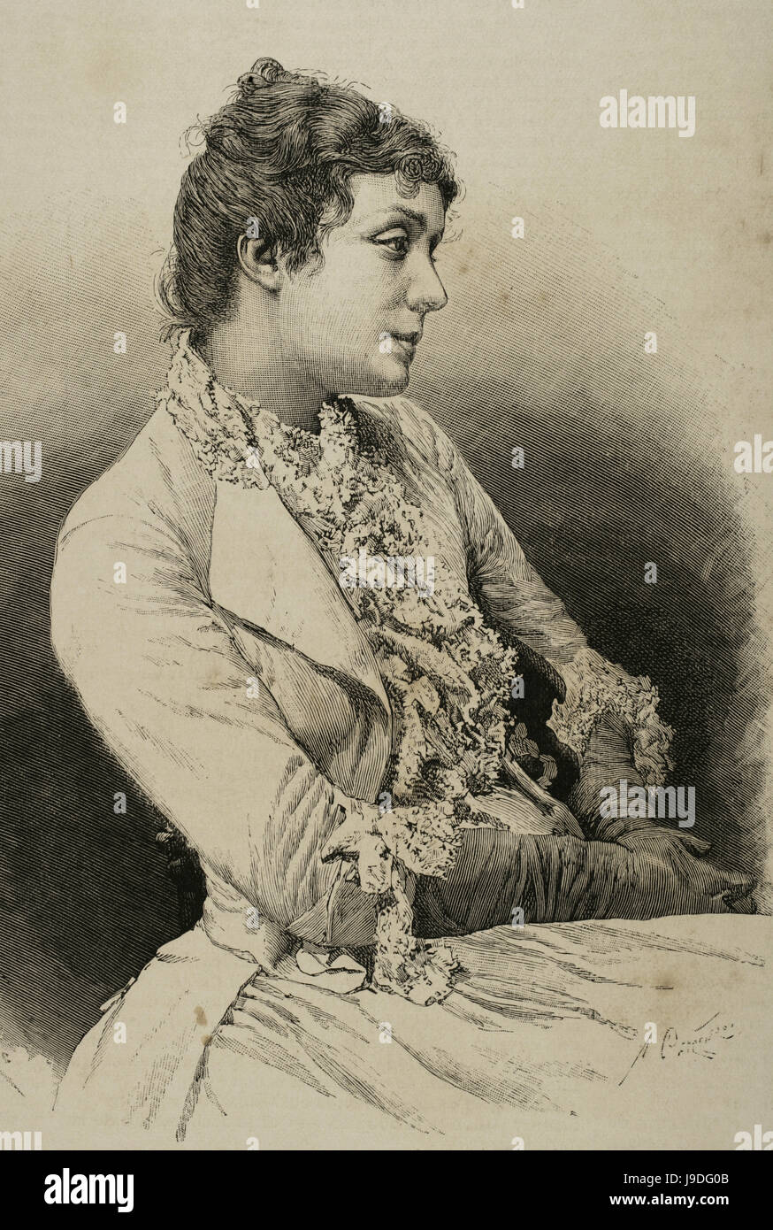 Eleonora Duse (1858-1924). Italian actress. Portrait. Engraving by Arturo Carretero. "La Ilustracion Espanola y Americana", 1890. Stock Photo
