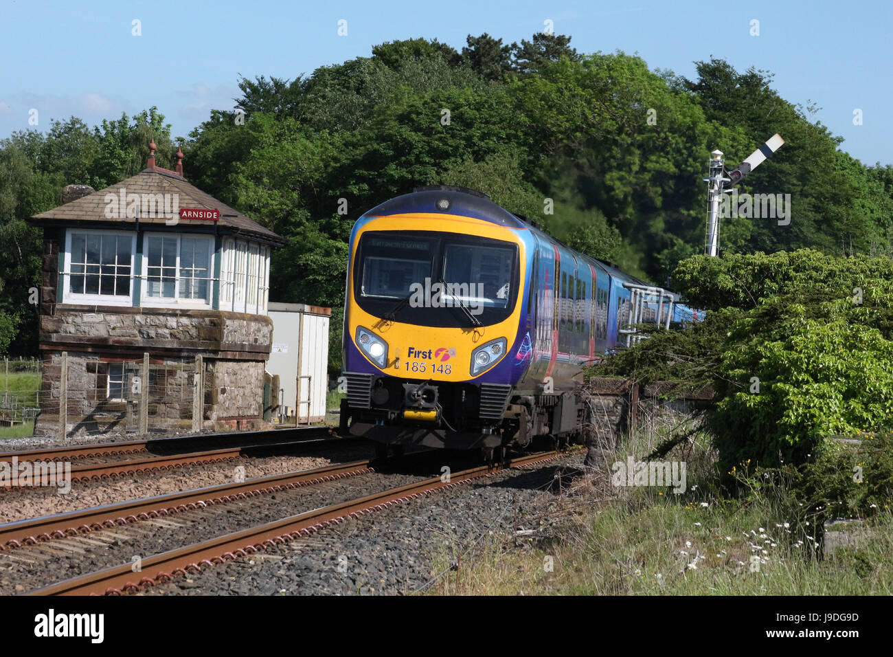Siemens Desiro diesel multiple unit train in First Transpennine Express livery leving Arnside railway station past a semaphore signal and signalbox. Stock Photo