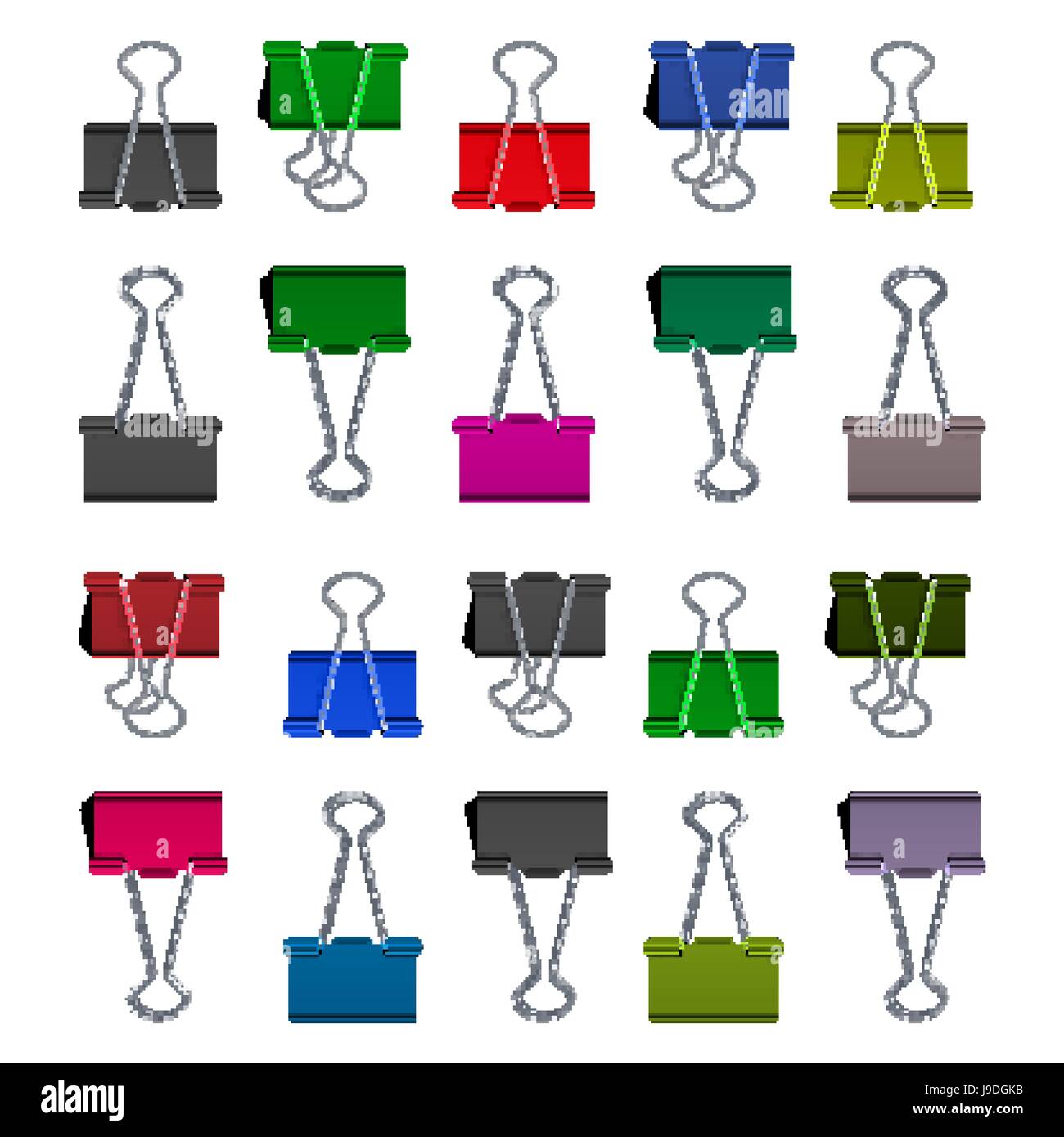 Small Binder Clips Vector Isolated On White. Realistic Paper Clip Set