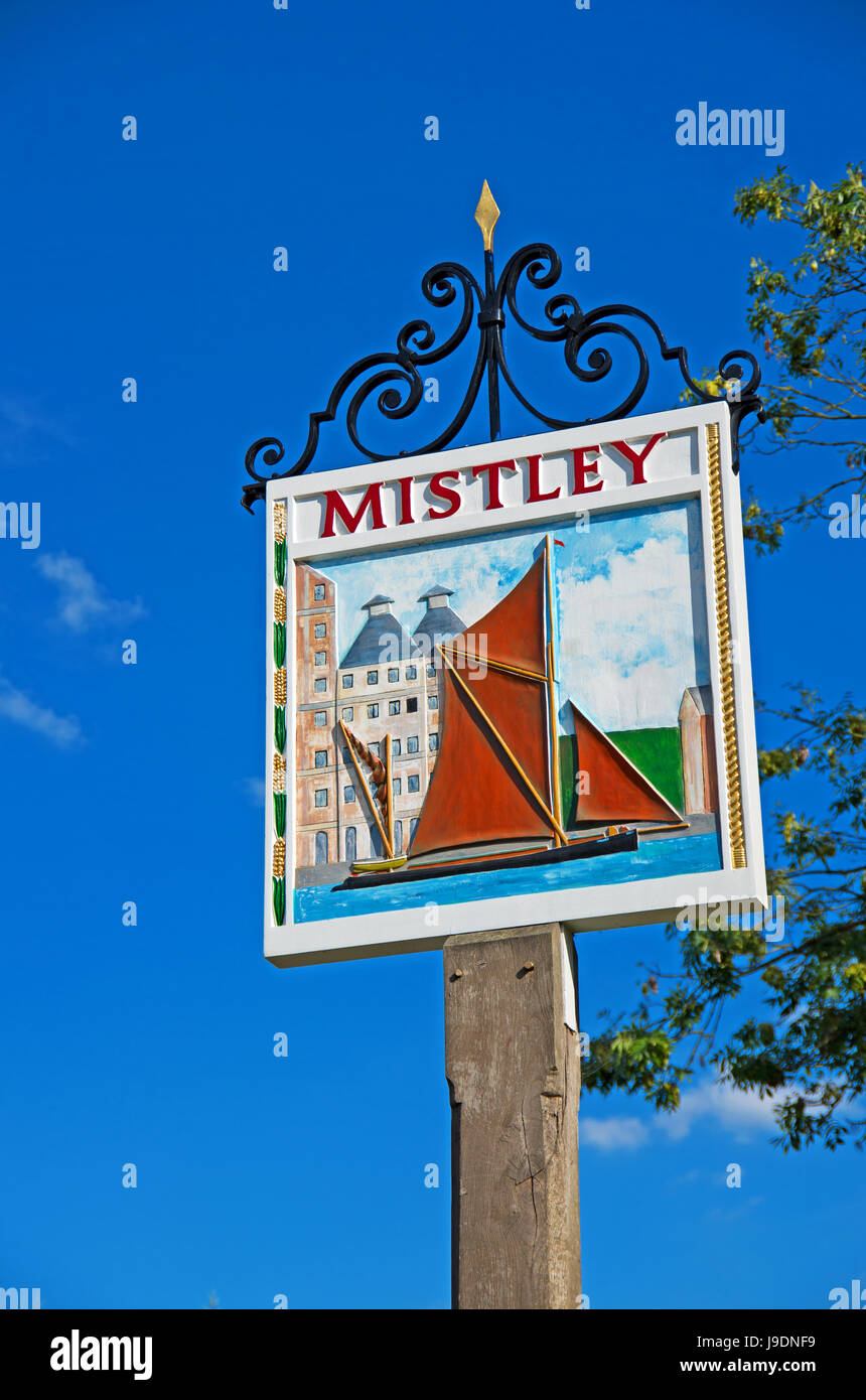 Mistley, Essex, Village Sign, Stock Photo