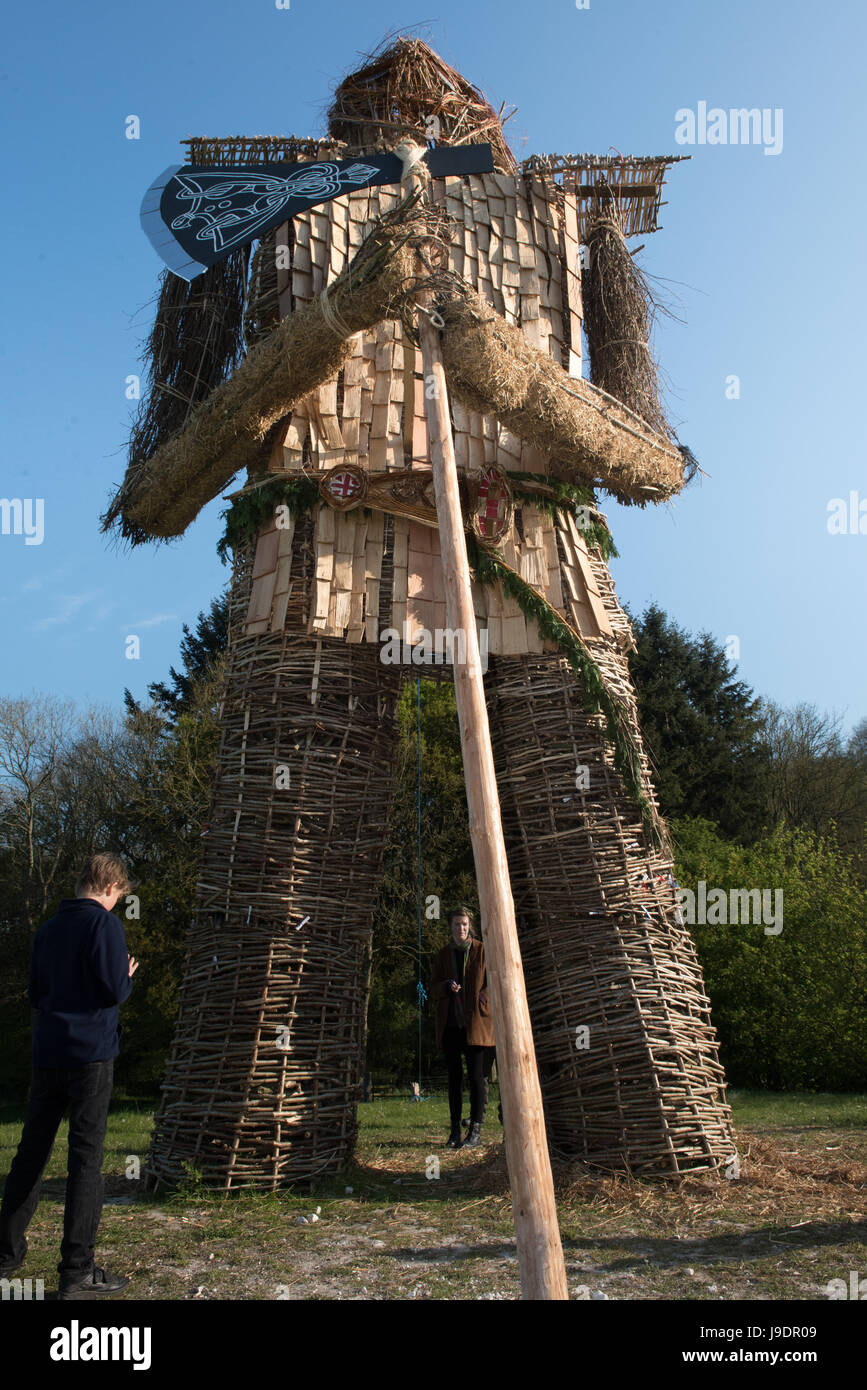 Preparing and burning the Wicker Man at the Beltain Festival in Butser Ancient Farm, Hampshire Stock Photo