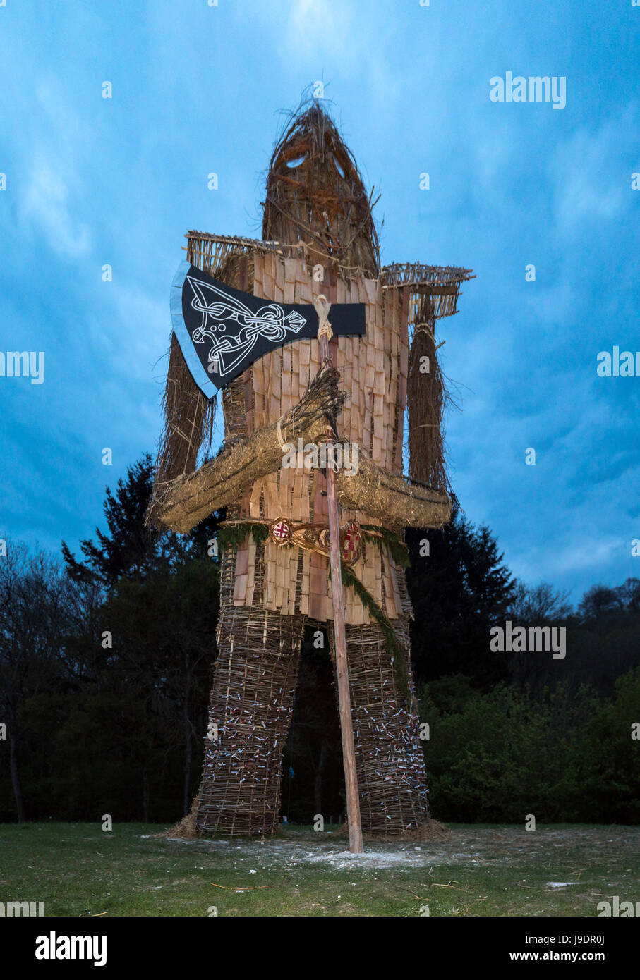 Preparing and burning the Wicker Man at the Beltain Festival in Butser Ancient Farm, Hampshire, 29 April 2017 Stock Photo