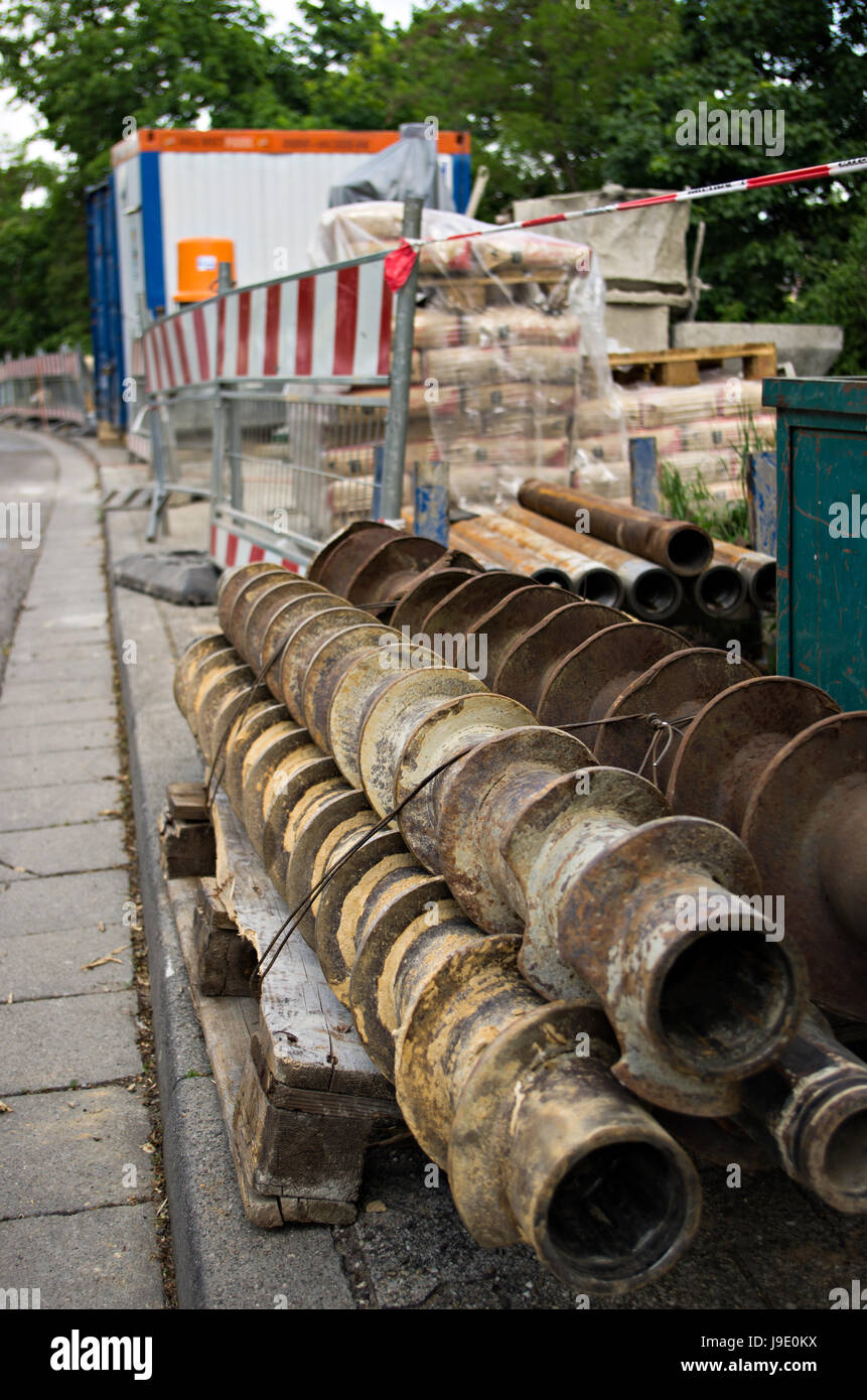 barrier, cement, drill, street, road, container, containers, construction site, Stock Photo