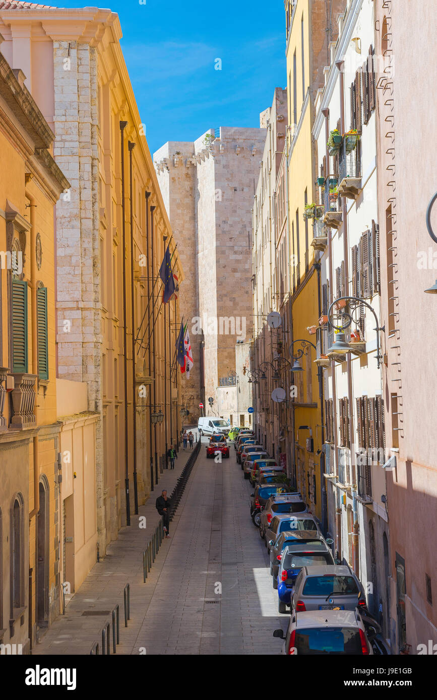 Cagliari Castello, view along the Via Universita towards the Torre dell'Elefante in the old Castello quarter of Cagliari, Sardinia. Stock Photo