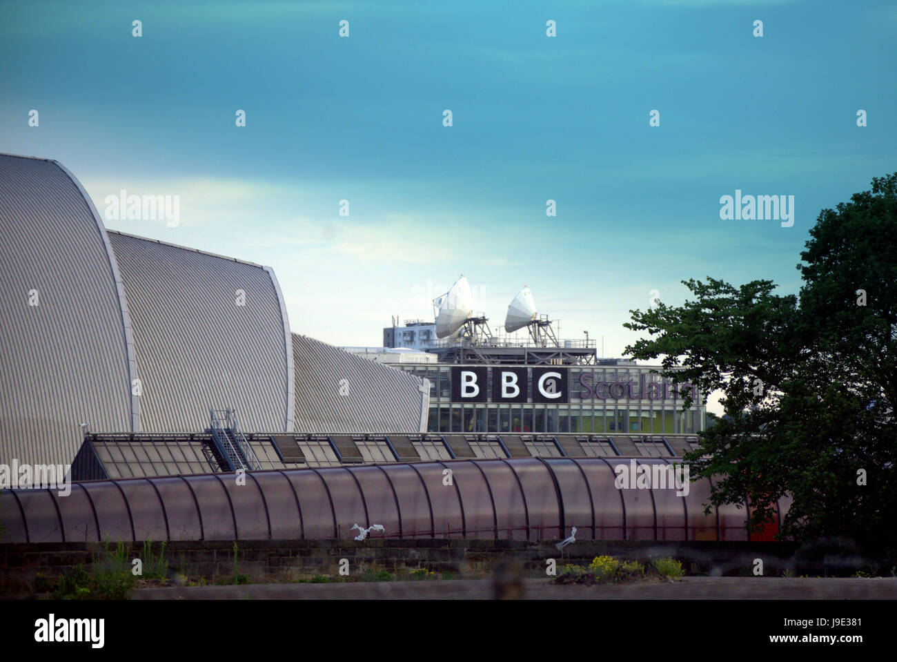 BBC Scotland headquarters viewed from Finnieston station exhibition centre Armadillo and walkway in the foreground Stock Photo