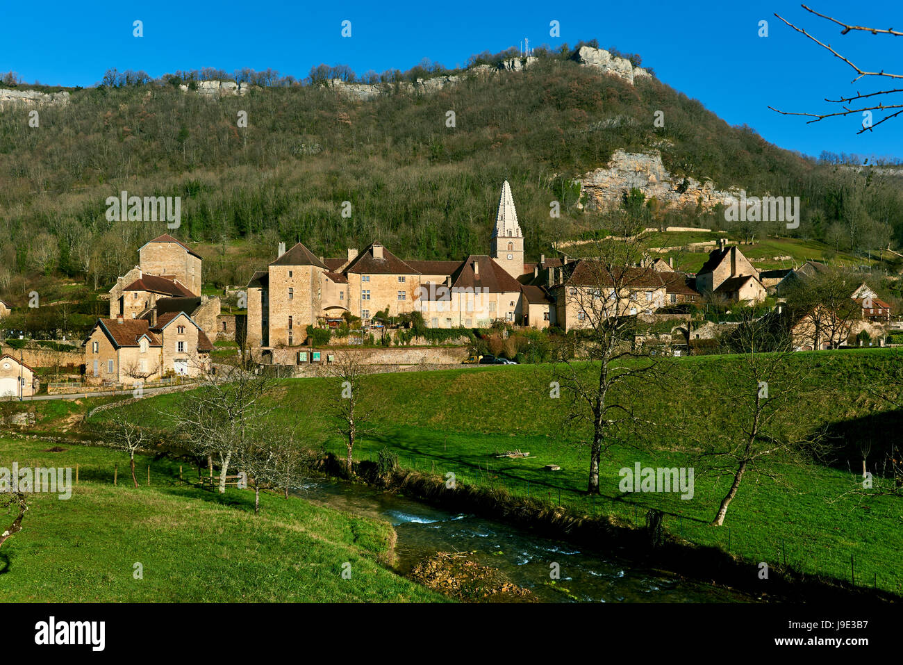 Baume-les-Messieurs village. Jura department of Franche-Comte. Baume-les-Messieurs is classified as one of the most beautiful villages of France Stock Photo