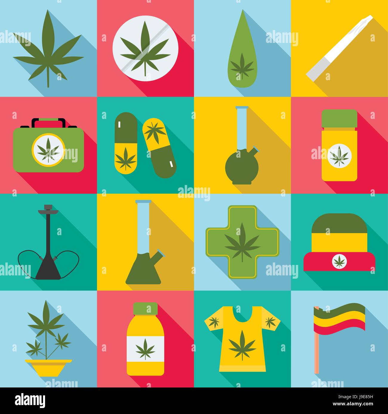 Marijuana icons set, flat style Stock Vector