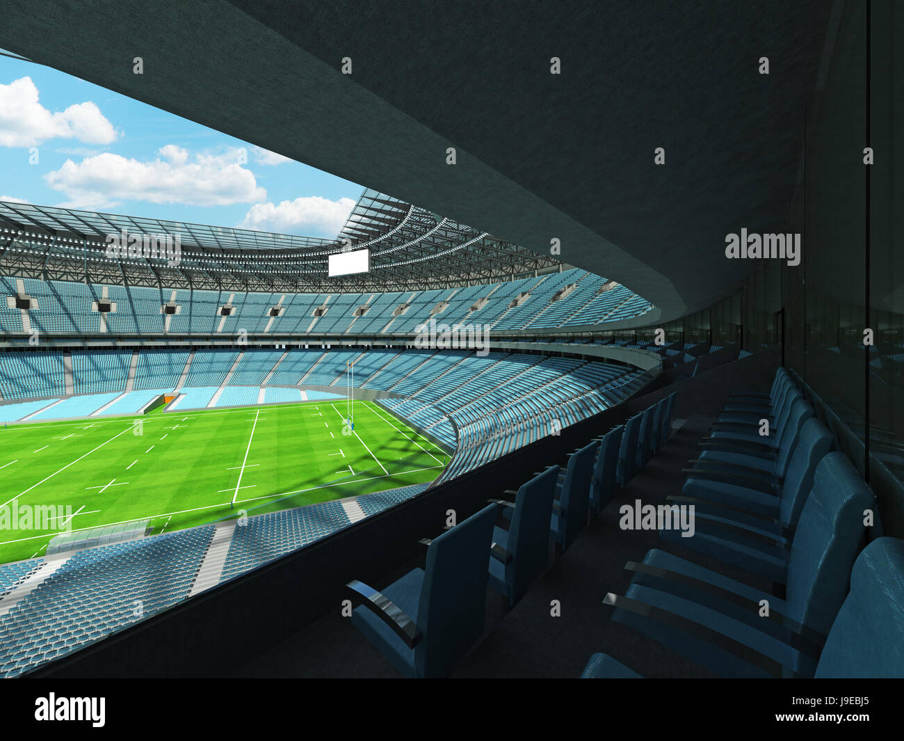 Vip Box Stream Rugby 3D render of a round rugby stadium with sky blue seats and VIP boxes ...