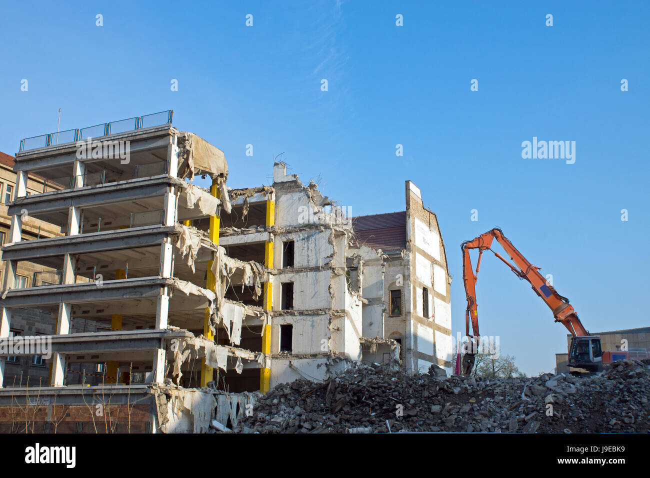 dredger, destruction, building machine, building, buildings, dust, rock