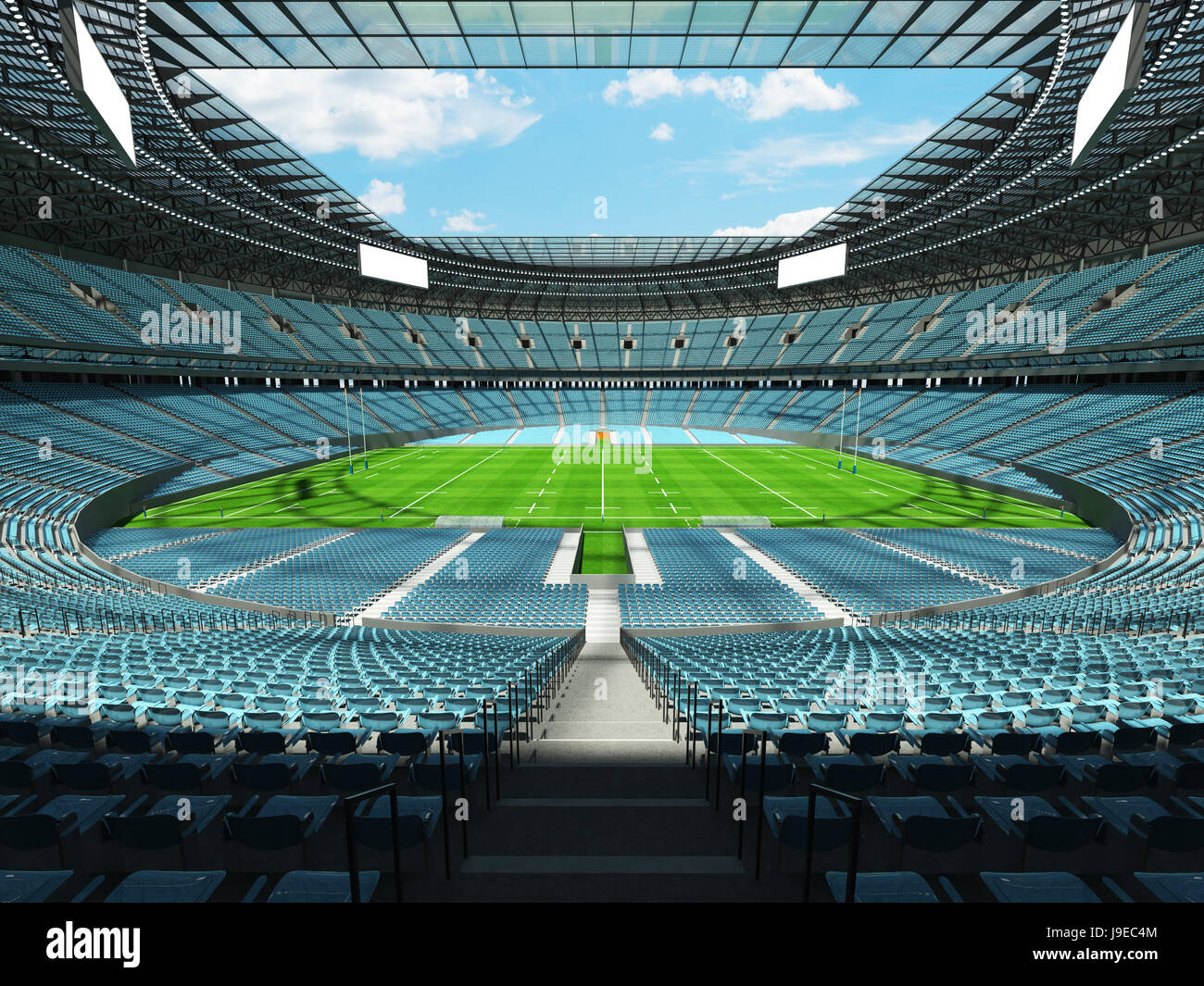 Vip Box Stream Rugby 3D render of a round rugby stadium with sky blue seats and VIP boxes ...