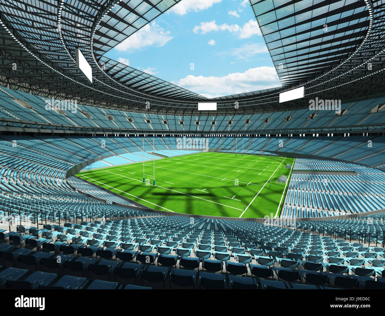 3D render of a round rugby stadium with sky blue seats and VIP boxes for hundred thousand people Stock Photo