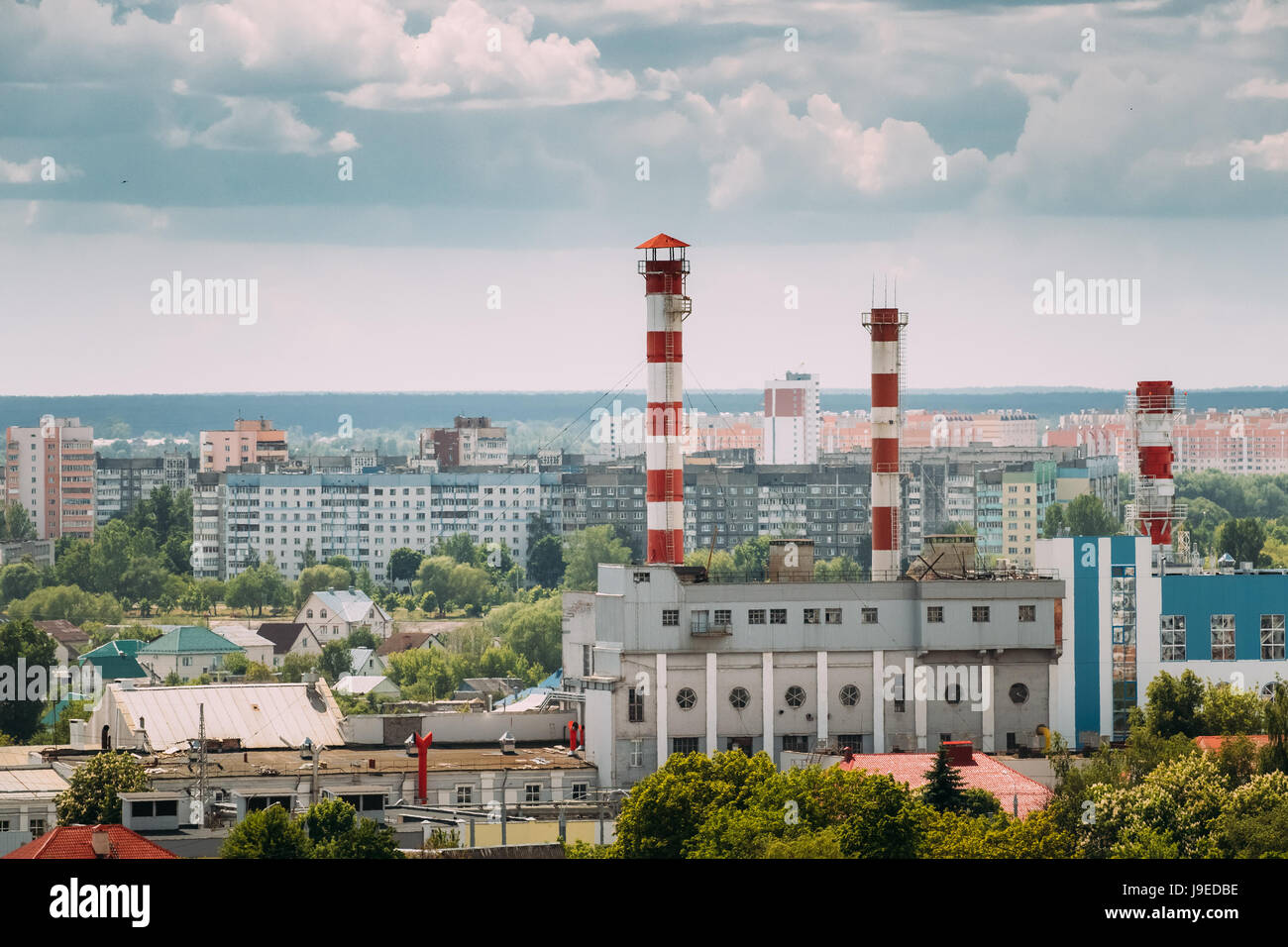 Gomel, Belarus. Aerial View Of Cityscape And Thermal Power Plant Of  Republican Unitary Enterprise Of Power Industry Gomelenergo In Sunny Blue Sky In  Stock Photo