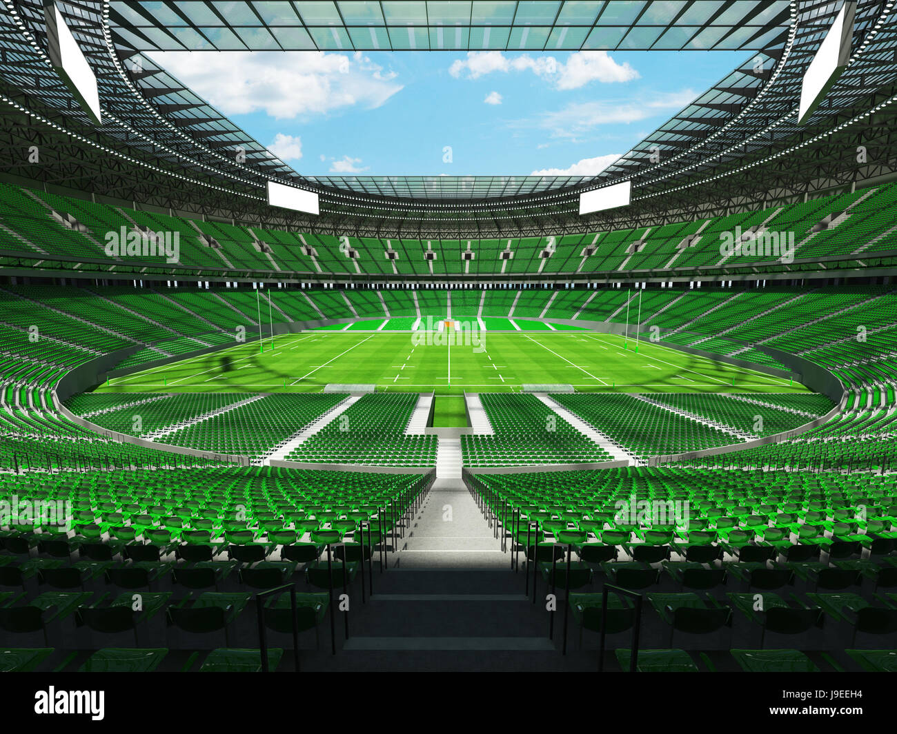 3D render of a round rugby stadium with green seats and VIP boxes for hundred thousand people Stock Photo
