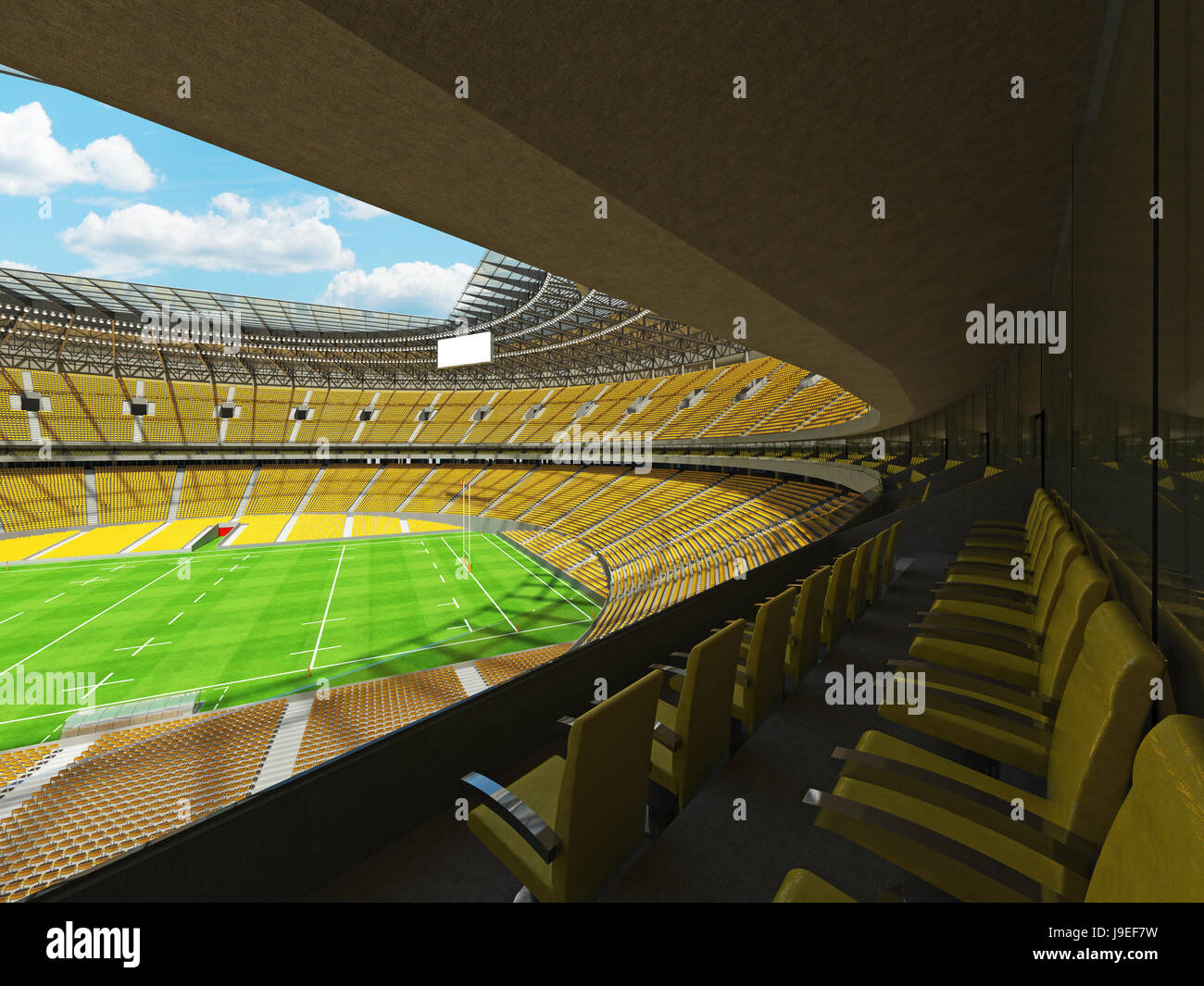 3D render of a round rugby stadium with yellow seats and VIP boxes for hundred thousand people Stock Photo