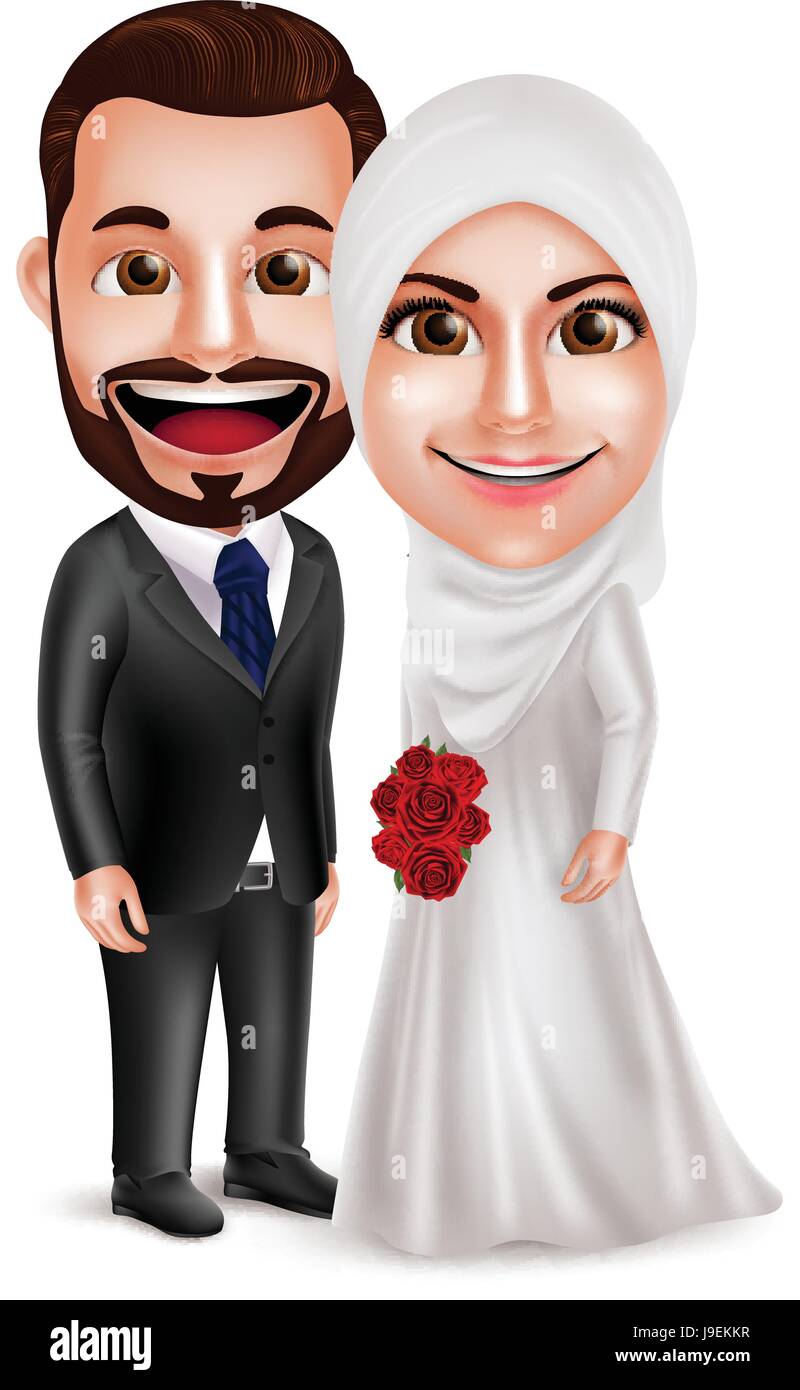 Muslim couple vector characters as bride and groom wearing white ...