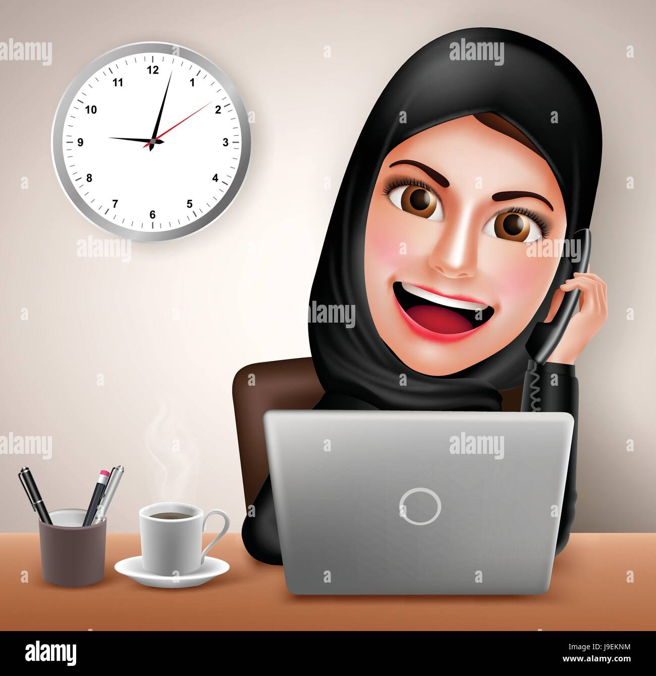 Female Muslim Arab vector character happy working in office desk with laptop holding telephone