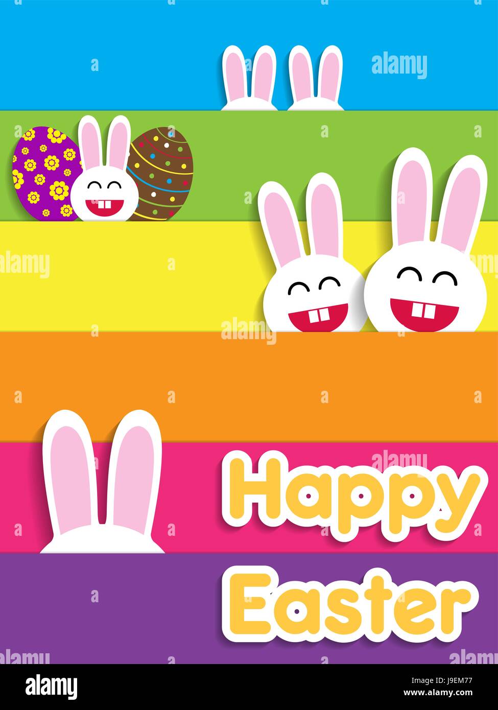 Funny Happy Easter card with bunnies. Vector illustration. Stock Vector