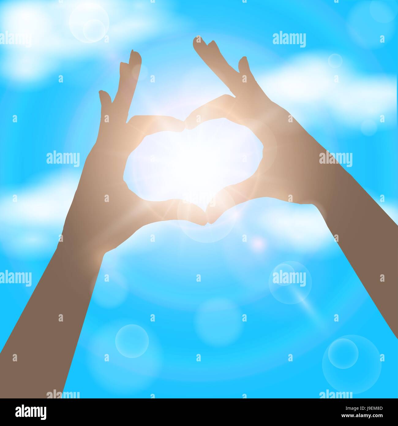 Hands in the form of heart on the background of blue sunny sky. Love concept vector illustration Stock Vector