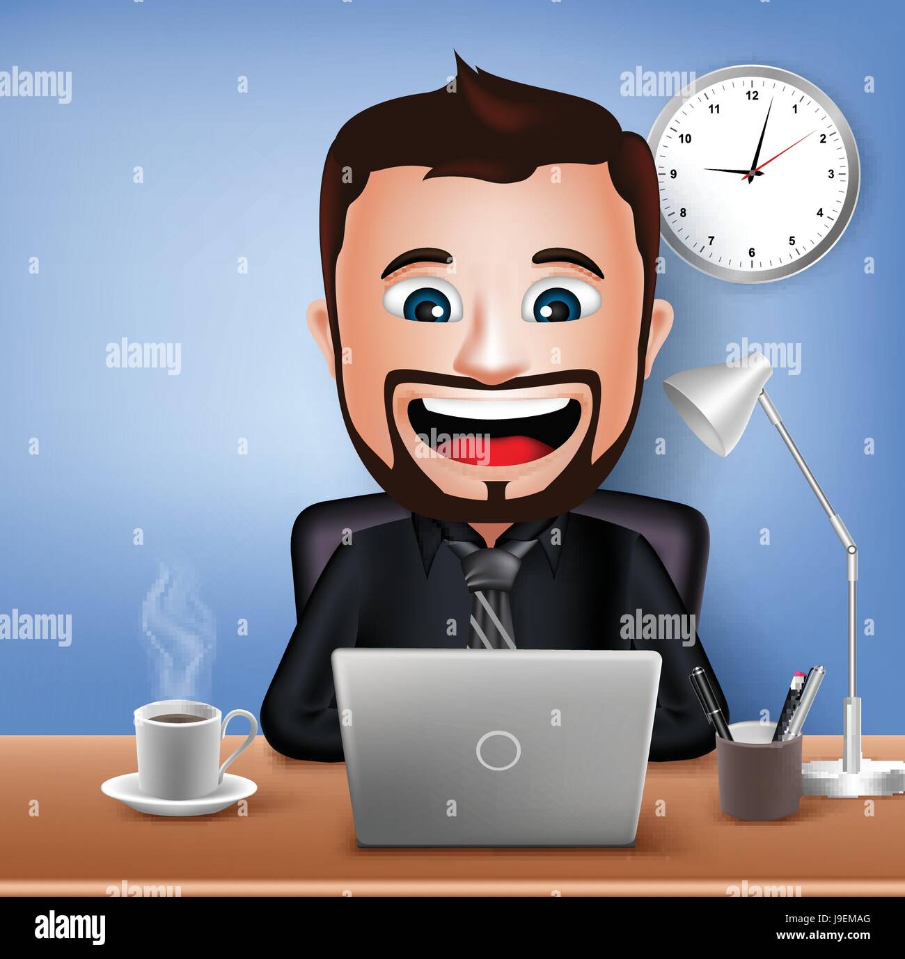 Vector Businessman Character Working on Office Desk Table with Laptop. Vector Illustration Stock Vector