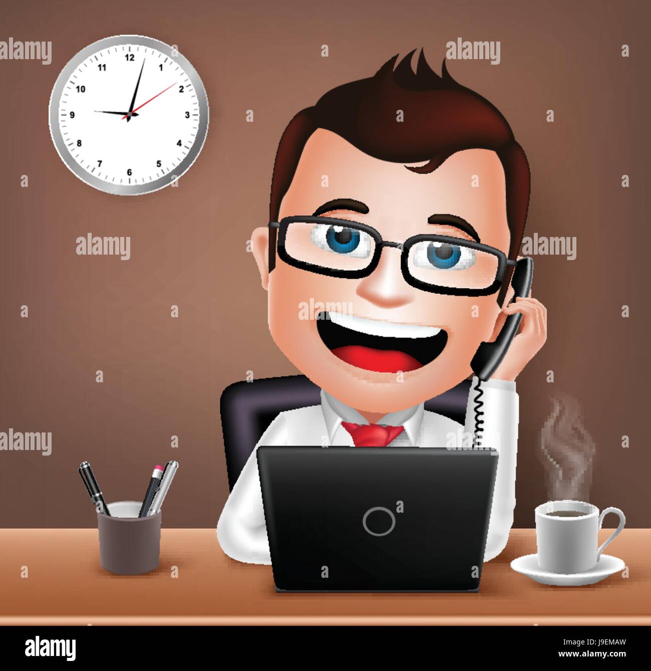 Vector Businessman Character Working on Office Desk Table with Laptop Talking on Telephone. Vector Illustration Stock Vector