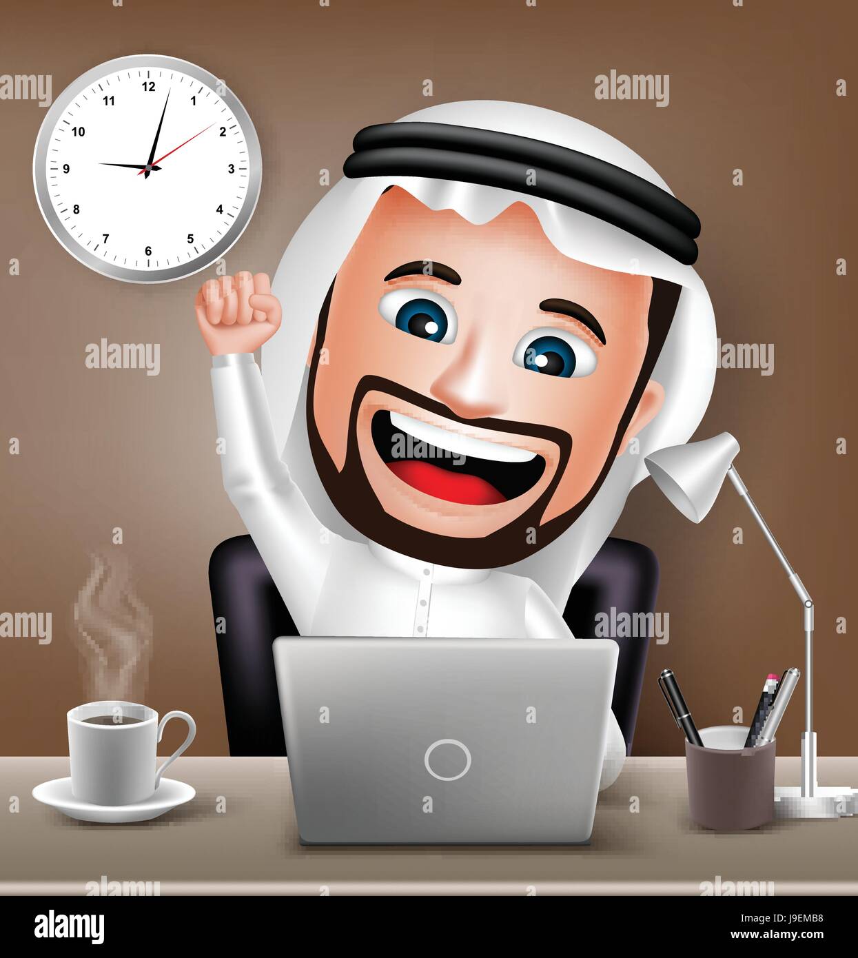 Vector Saudi Arab Man Character Working on Business Office Desk Table with Laptop Raising Hand. Vector Illustration Stock Vector