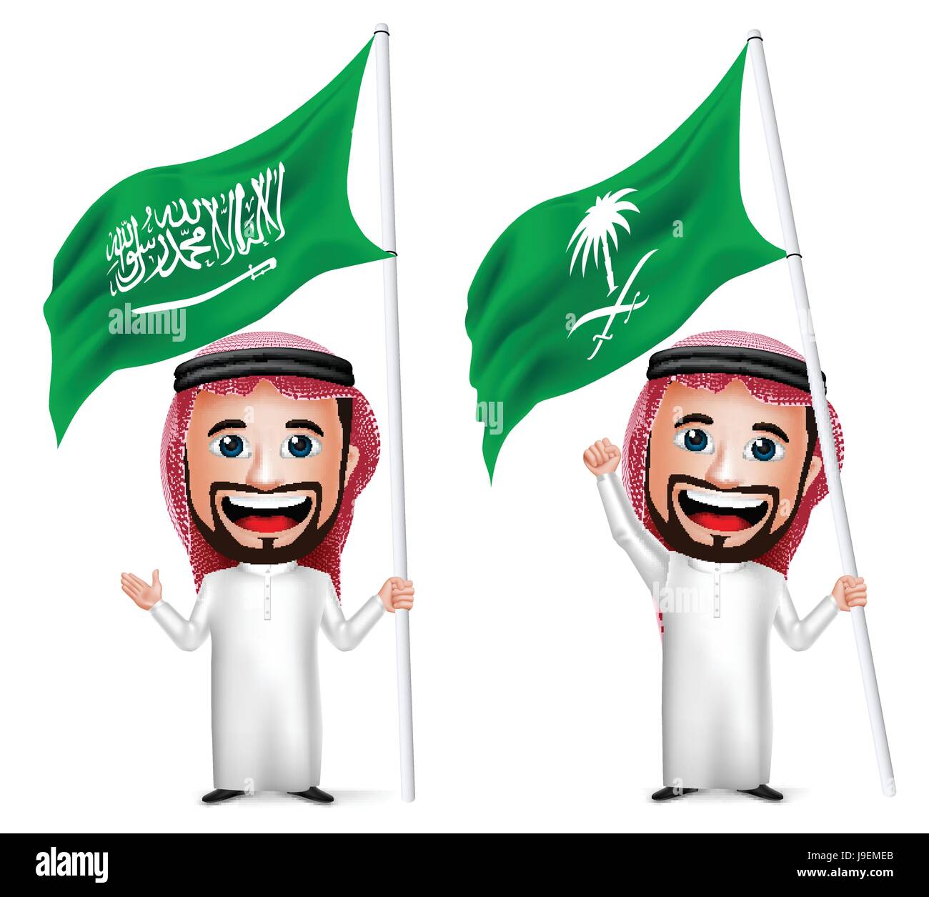 Vector Saudi Arab Man Cartoon Character Holding and Waving Saudi Arabia Flag for National Day  Isolated in White. Vector Illustration. Stock Vector