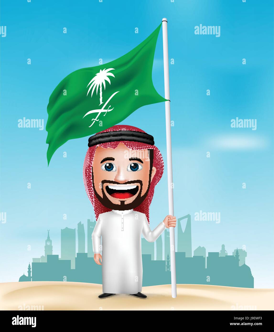 Vector Saudi Arab Man Cartoon Character Holding and Waving Flag with Saudi  Arabia Buildings in Background. Vector Illustration Stock Vector Image &  Art - Alamy