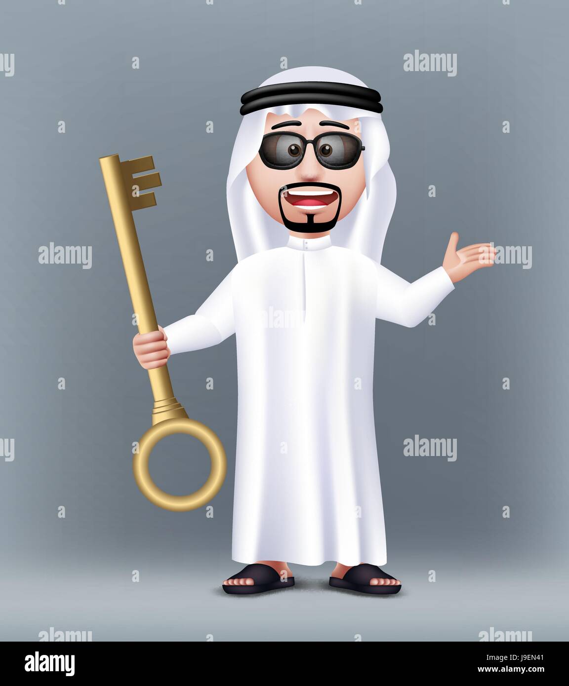 Handsome Saudi Arab Man Character Wearing Traditional Clothes Holding Golden Key for House or Car with Sunglasses. Editable Vector Illustration Stock Vector