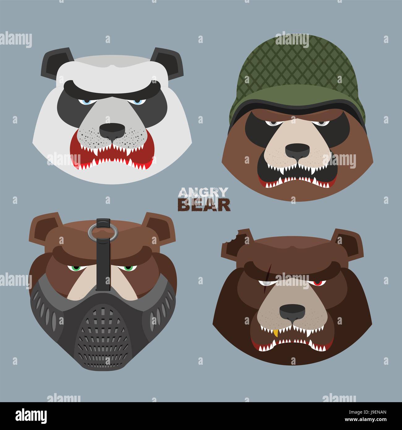 Wild angry bears set. Angry Panda bear in a military helmet, bear with a scar, a bear in a mask Stock Vector