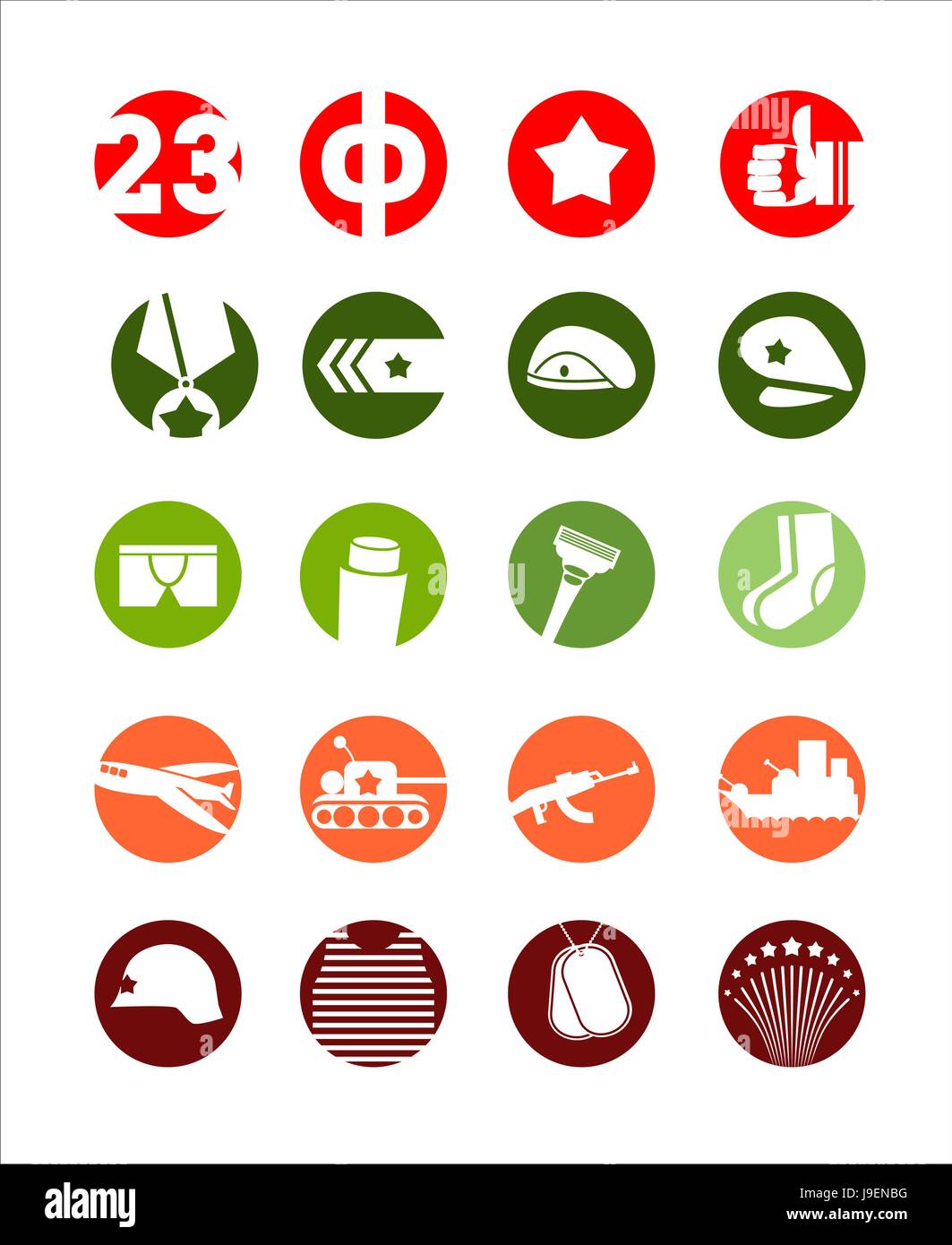 23 February, icon set, defenders day in Russia Stock Vector