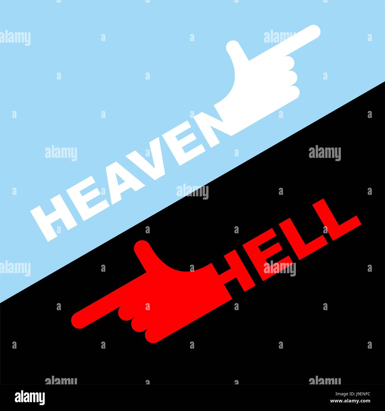 Direction of hell and heaven. Vector illustration. White hand indicates direction of heaven. Red indicates in hell. Stock Vector