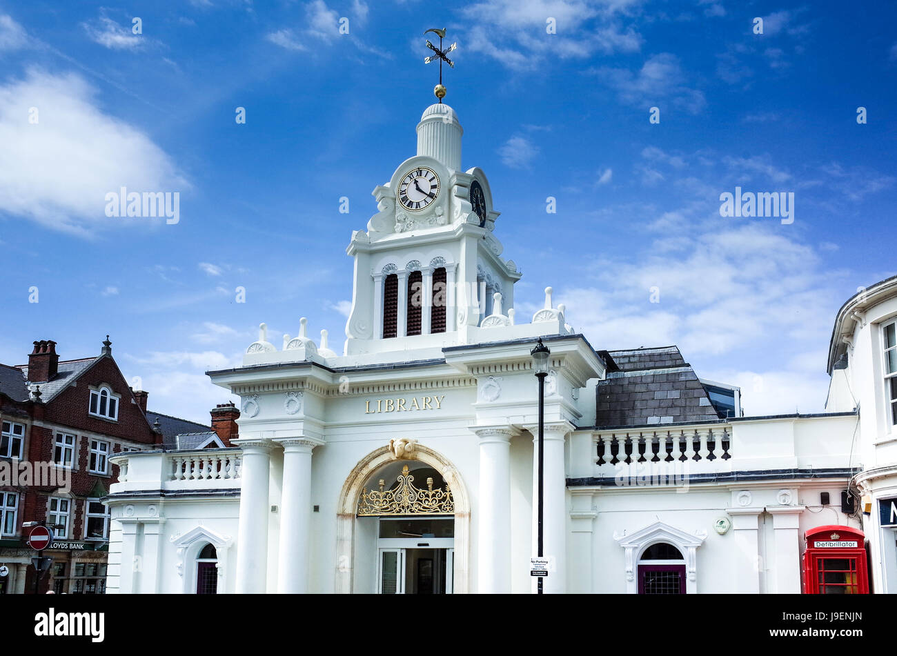 Saffron Walden Library and direction signs in Market Square, Saffron