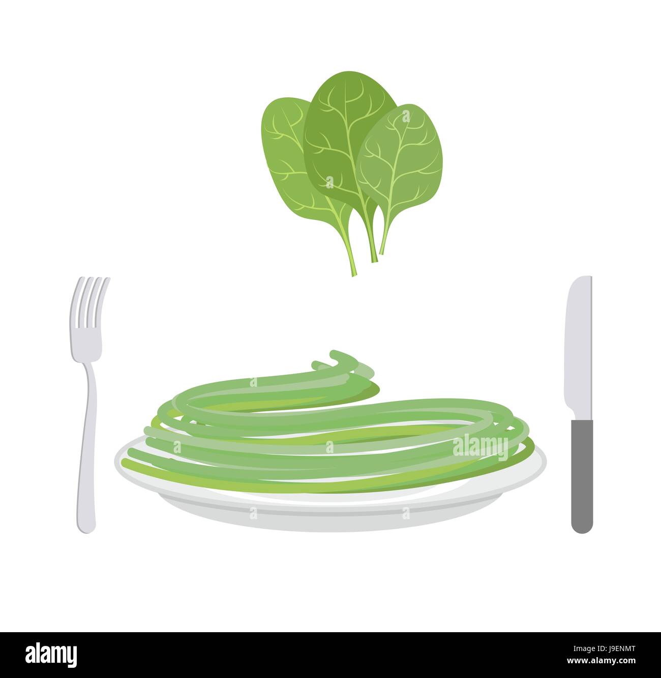 Green pasta with ingredient spinach. Spaghetti on a plate. Vector illustration of delicatessen food Stock Vector