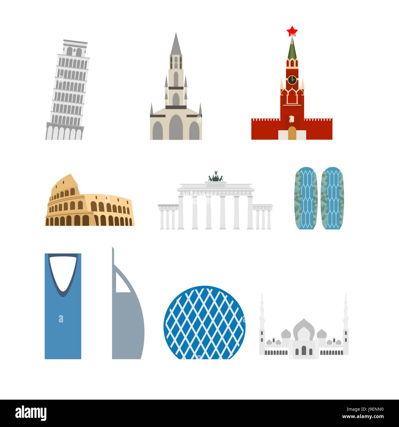 Set landmark Germany, Russia. Attraction of Dubai, Rome. Architecture attraction of different countries and States. Vector illustration of buildings. Stock Vector