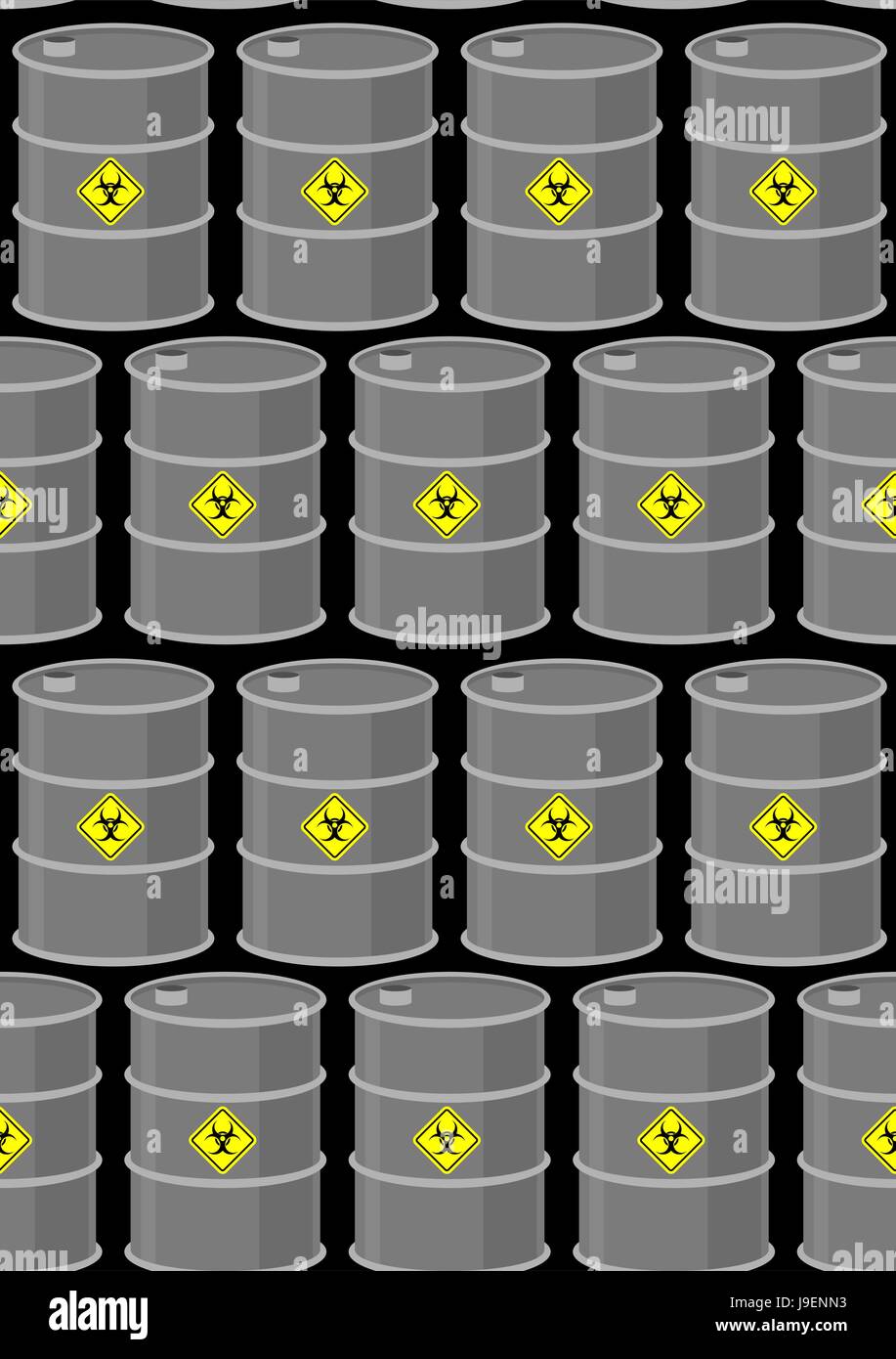 Barrel with biohazard seamless pattern. Gray metal drums on a black background. Vector background toxic waste dump. Stock Vector
