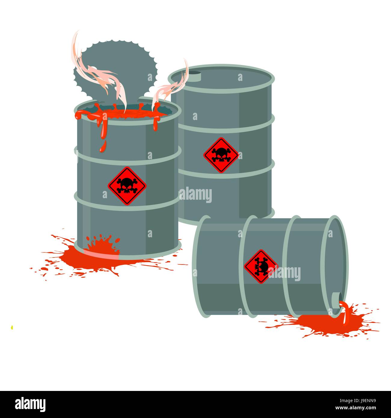 Barrels of Red acid. Hazardous chemical waste. Vector illustration