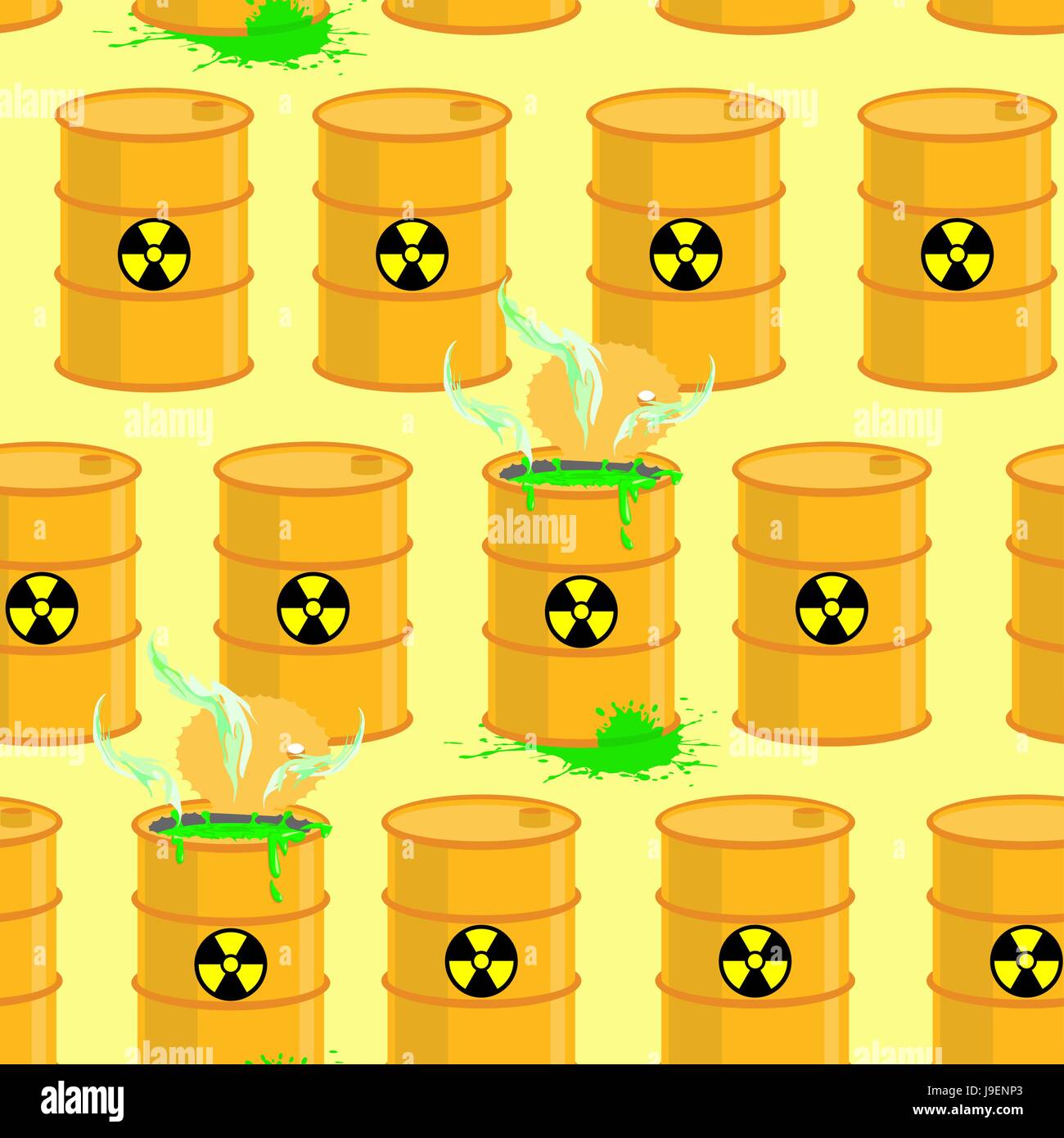 Chemical waste dump. Seamless pattern with barrels of biohazard. Vector background of yellow barrels of green acid. Stock Vector