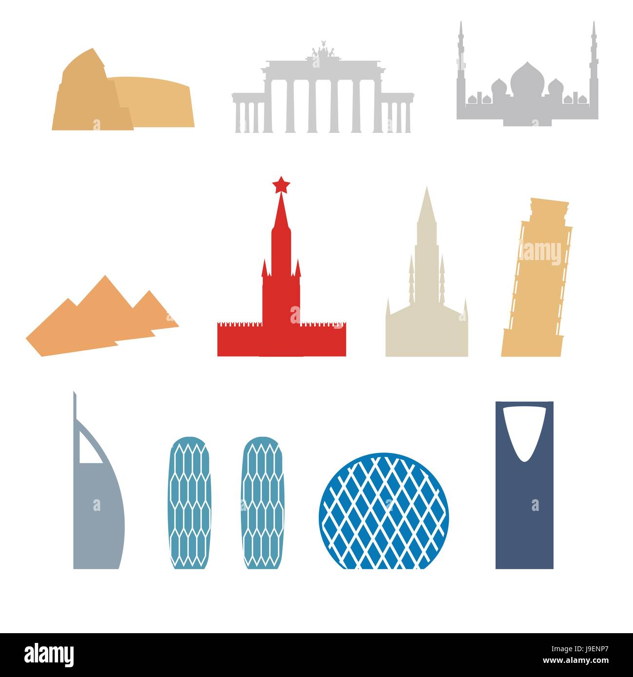 Set of flat buildings icons countries. Attraction of Dubai, Rome. Russia and Germany. Architecture attraction of different countries and States. Vecto Stock Vector