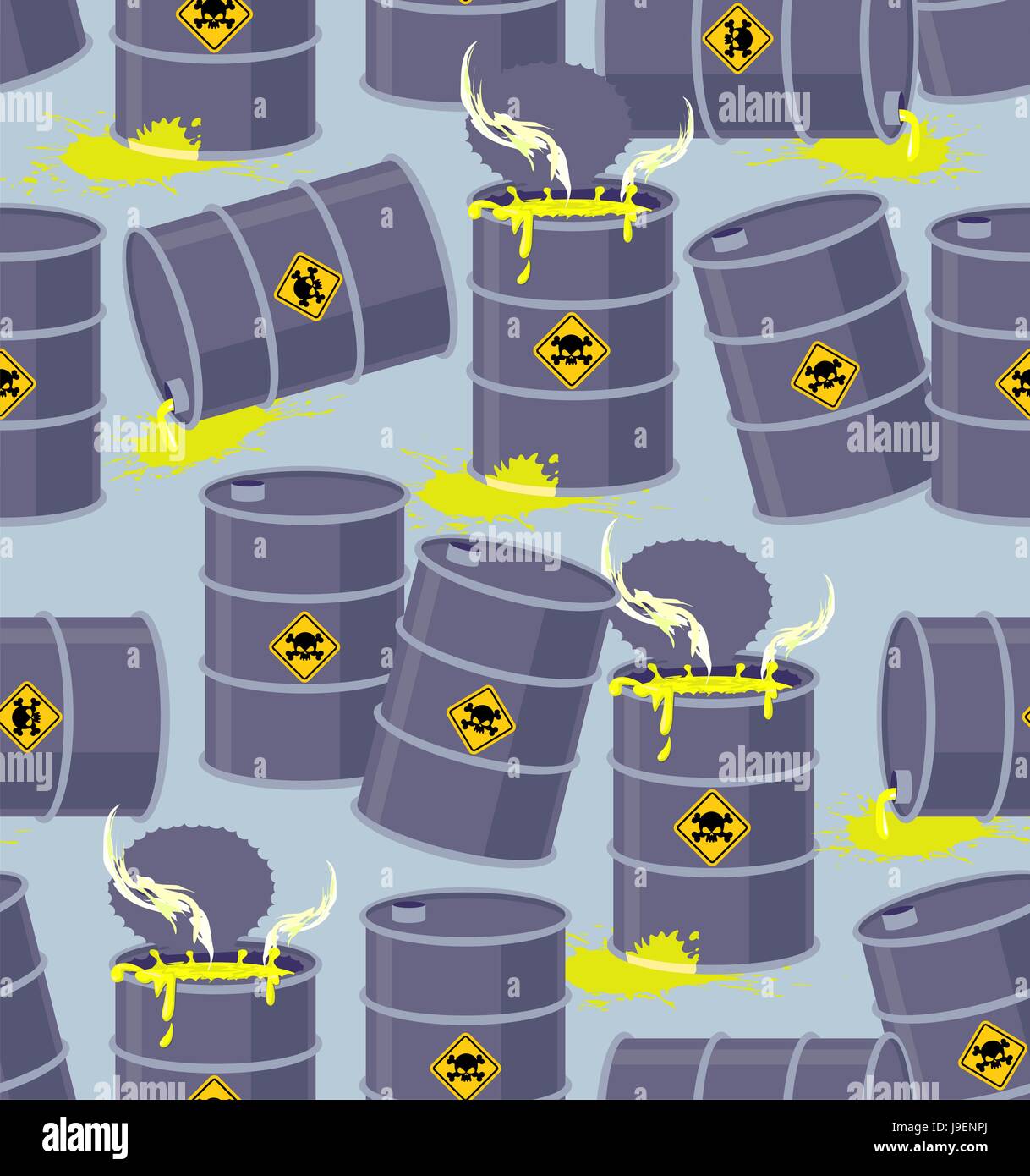 Dump toxic waste barrels. Seamless pattern dump hazardous chemical wastes. Vector illustration bio hazard Stock Vector