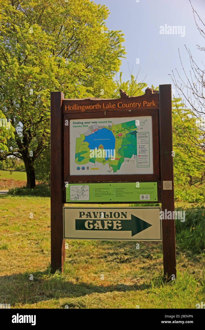 Sign showing map of Hollingworth Lake Country Park, Littleborough, Lancashire Stock Photo
