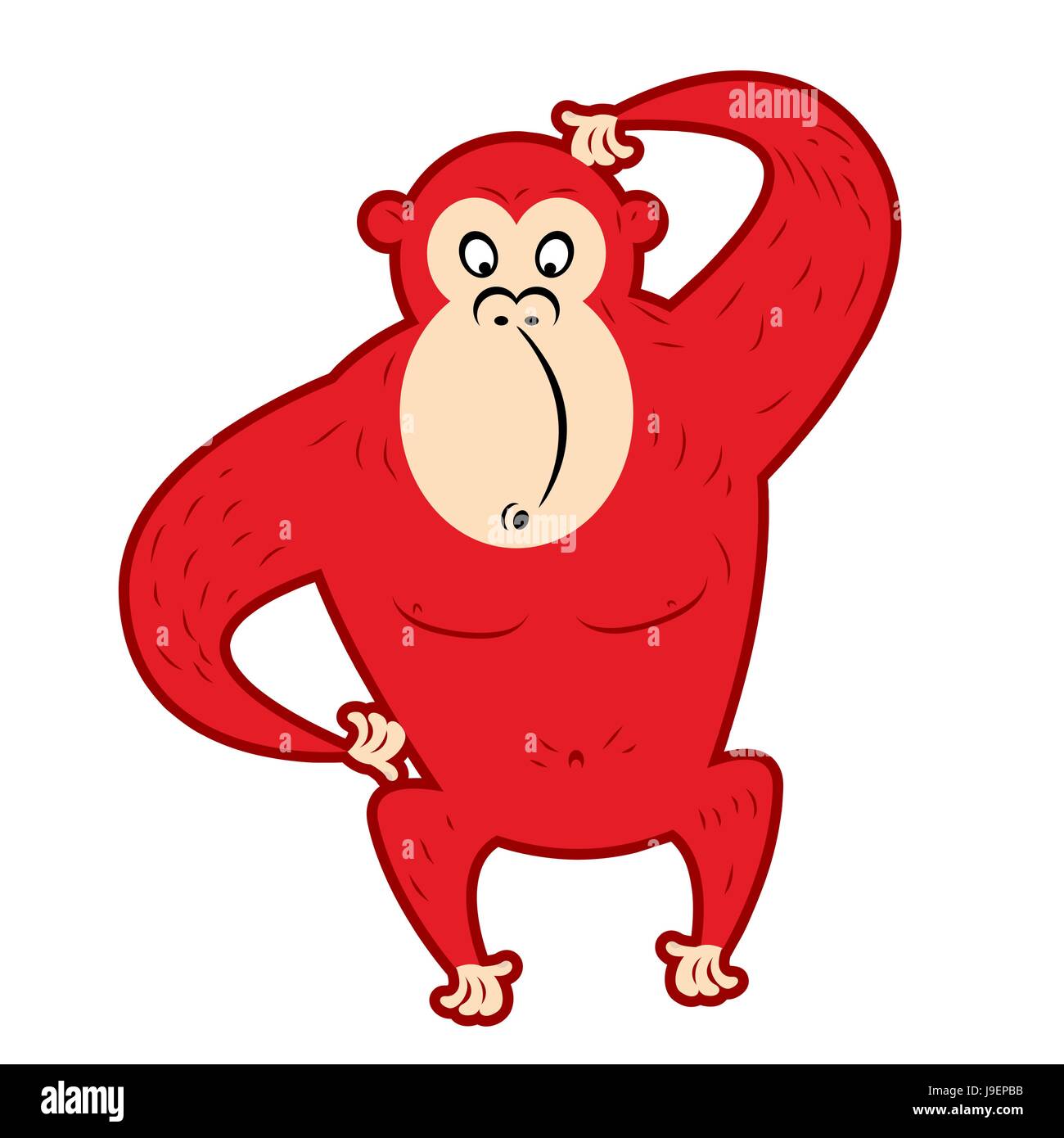Red surprised monkey scratching his head. Cute Red primacy is symbol of new year on Chinese calendar. Funny Gorilla-wild animal jungle. Stock Vector