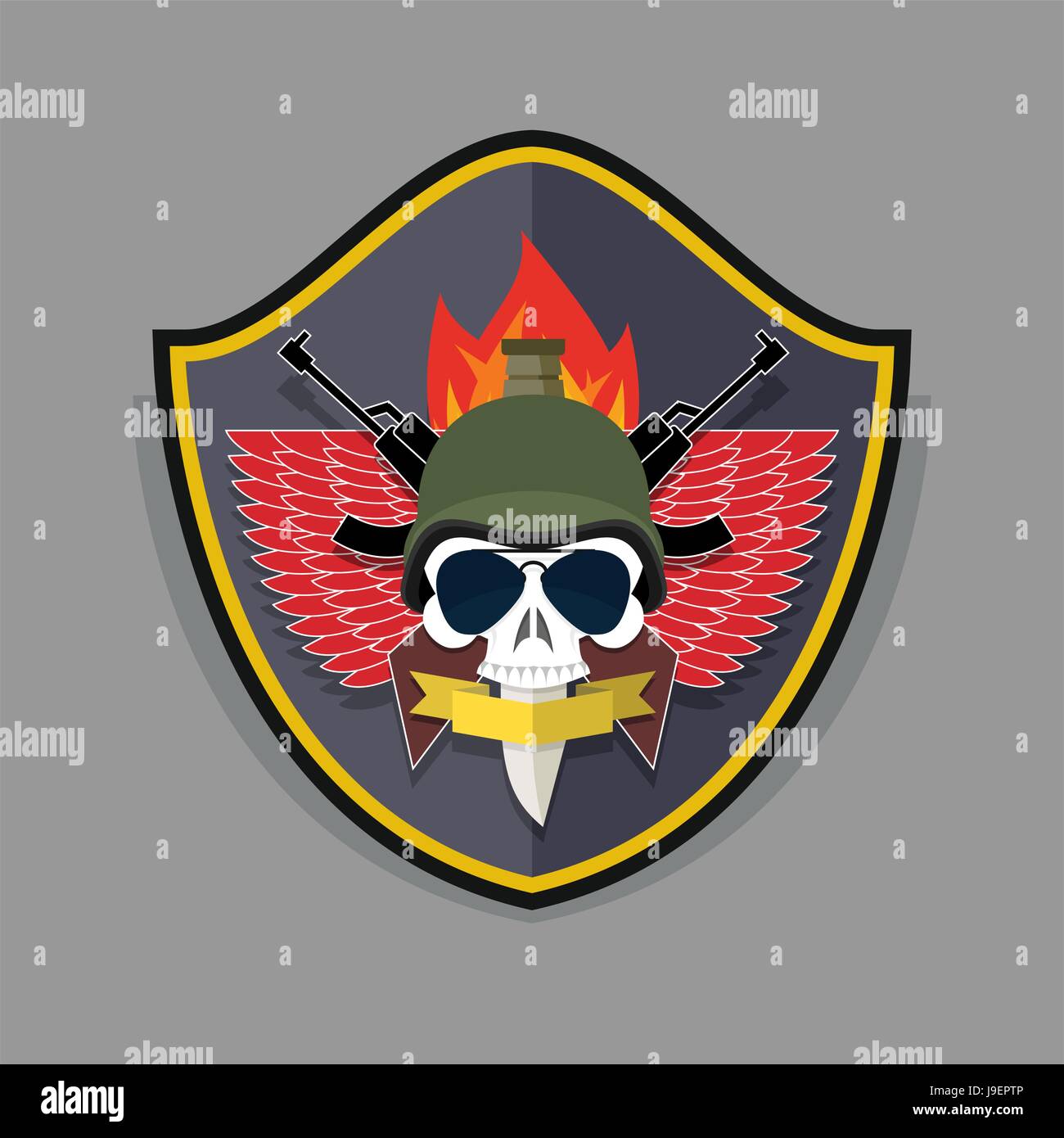 Military logo. Skull wearing a helmet with a weapon for Special warfare Stock Vector