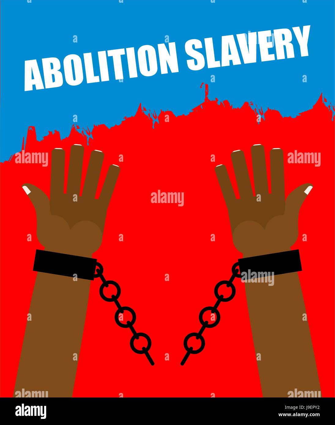 Abolition of slavery. Arm slave with broken shackles. Broken chain. Amid blood of slaves. Stock Vector