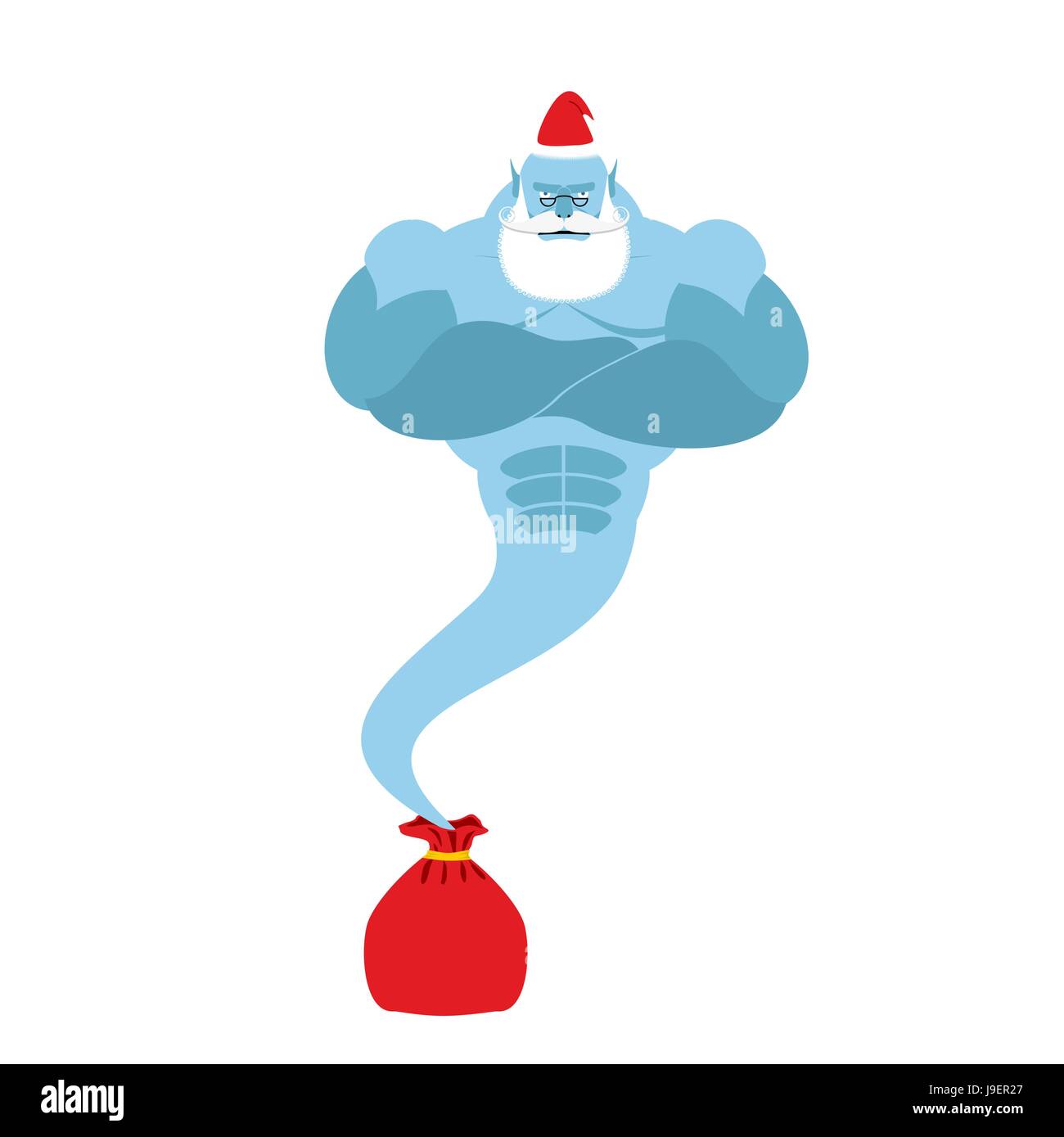 Genie is out of  bag Santa Claus. Magic spirit with a beard and mustache. Christmas clothes. Strong is fantastic person. Stock Vector