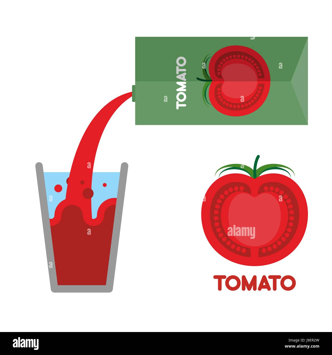 Tomato juice. Pour tomato juice into glass. Vector illustration. Splash
