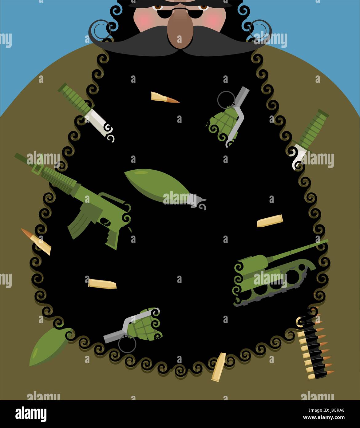 Santa Claus is terrorist with black beard. Evil Santa with arms in beard: automatic gun and grenade. Army knife and tank. Gangster Christmas. Bully gr Stock Vector