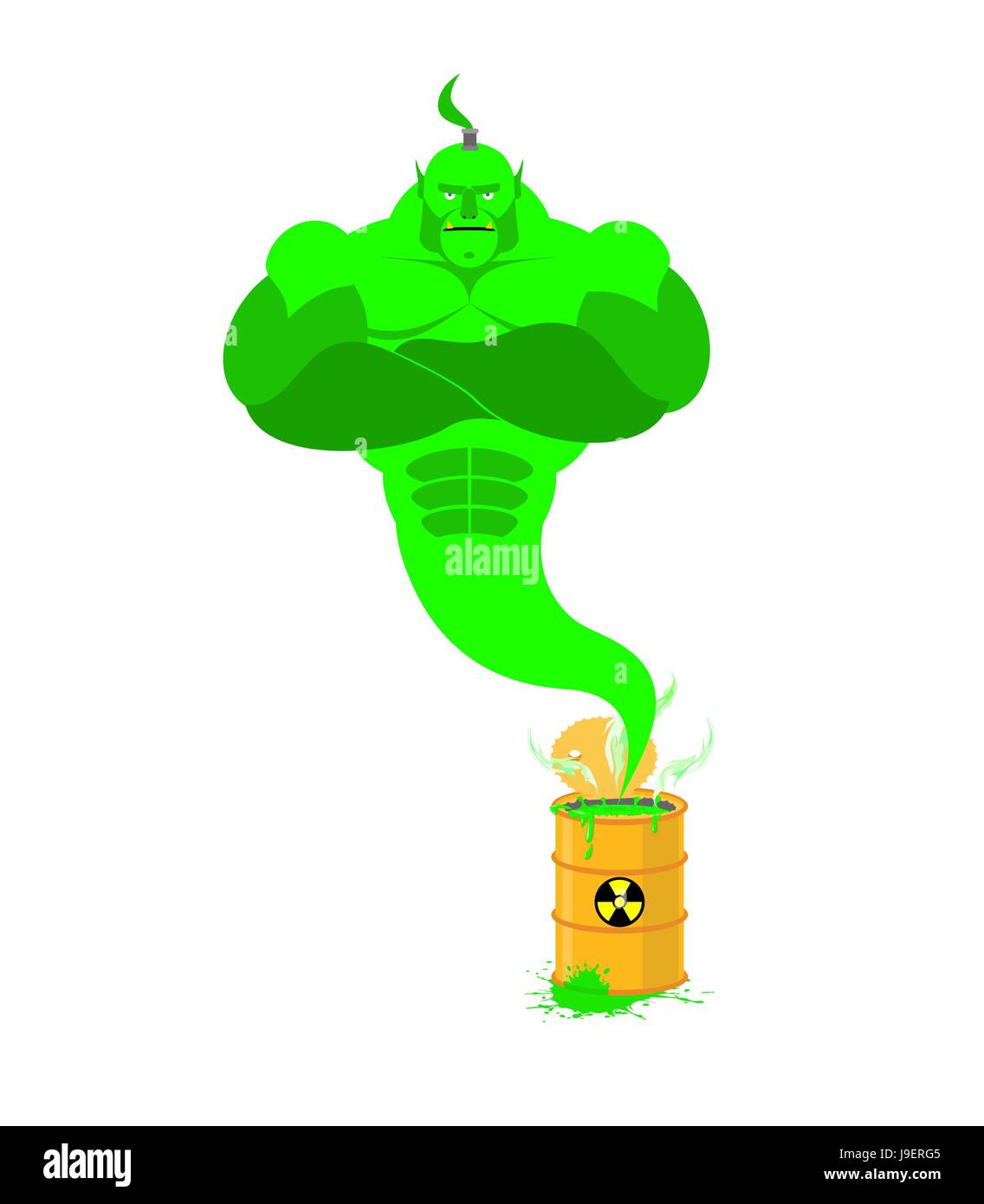 Acid Genie of barrels of toxic waste. Green Magic spirit. Vector illustration Stock Vector